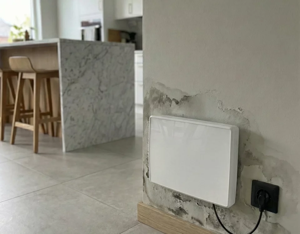 Mur humide avec traces d'infiltration et dispositif anti-humidité