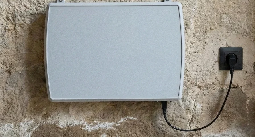 Inverseur de polarité ATE Humidistop installé sur mur en pierre humide