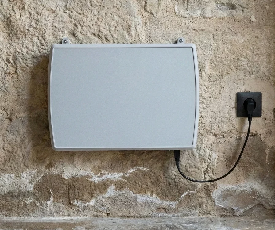 Inverseur de polarité ATE Humidistop installé sur mur en pierre humide