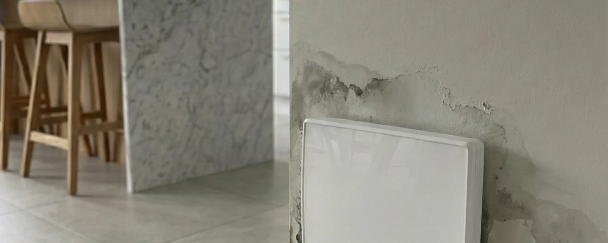 Mur humide avec traces d'infiltration et dispositif anti-humidité